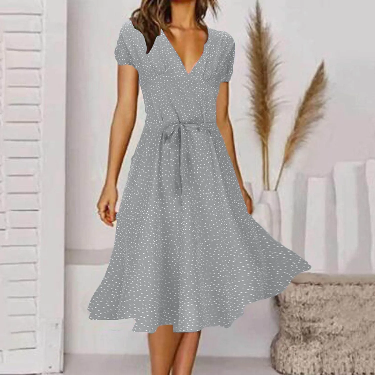 Summer Dresses for Women Floral Boho Dress Beach Casual Mid Length Dress Short Sleeve Flowy Elegant Midi Dresses