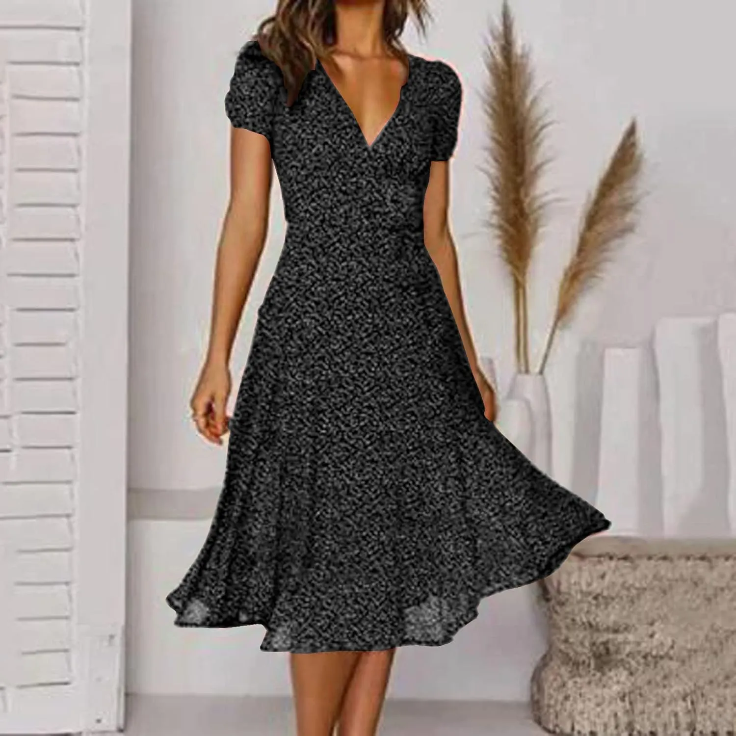 Summer Dresses for Women Floral Boho Dress Beach Casual Mid Length Dress Short Sleeve Flowy Elegant Midi Dresses