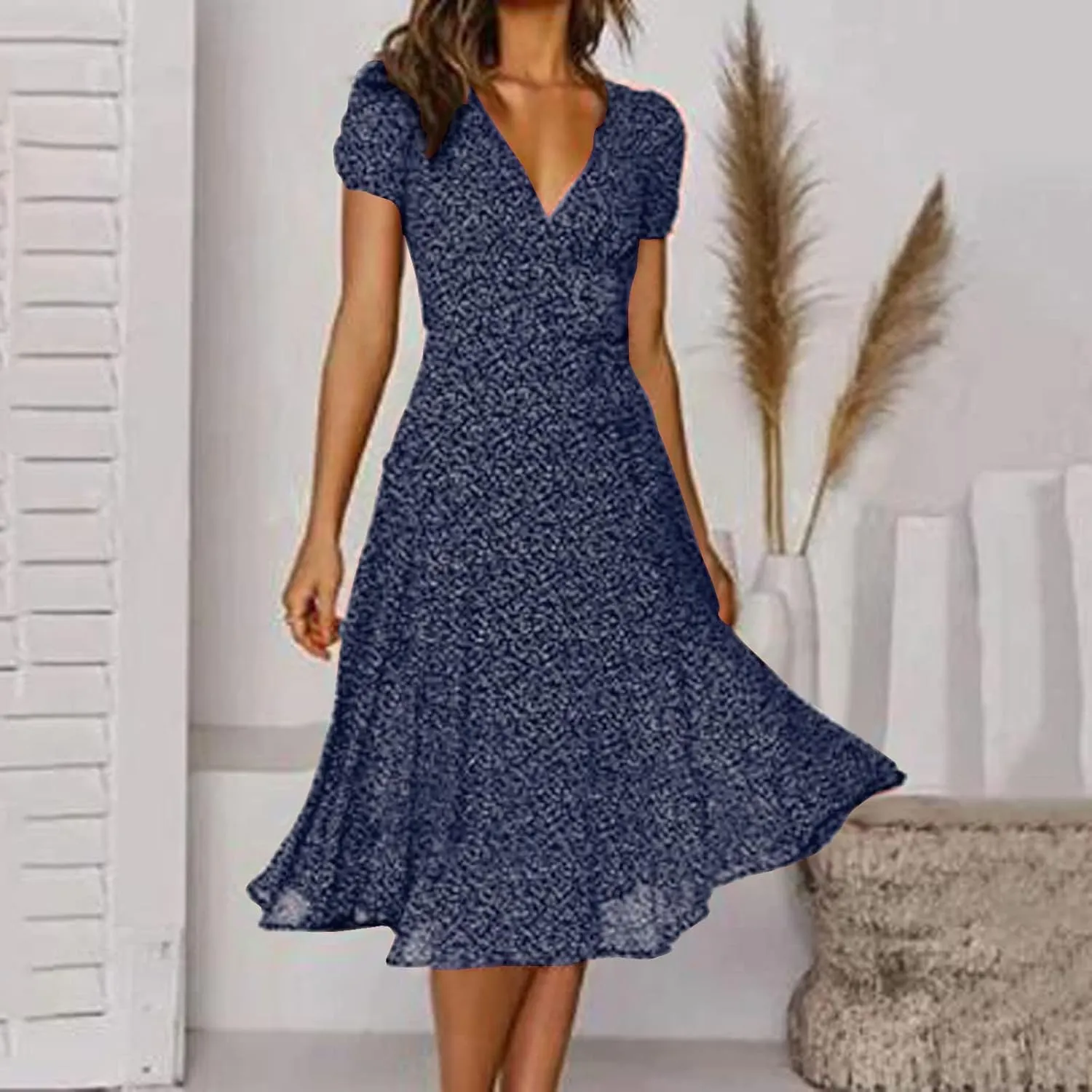 Summer Dresses for Women Floral Boho Dress Beach Casual Mid Length Dress Short Sleeve Flowy Elegant Midi Dresses