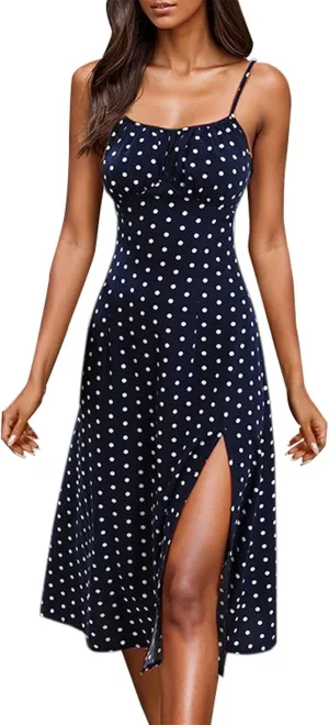 Summer Dresses for Women Spaghetti Strap Polka Dot Midi Dress 2025 Trendy Sexy Sleeveless Slit Beach Boho Sundresses