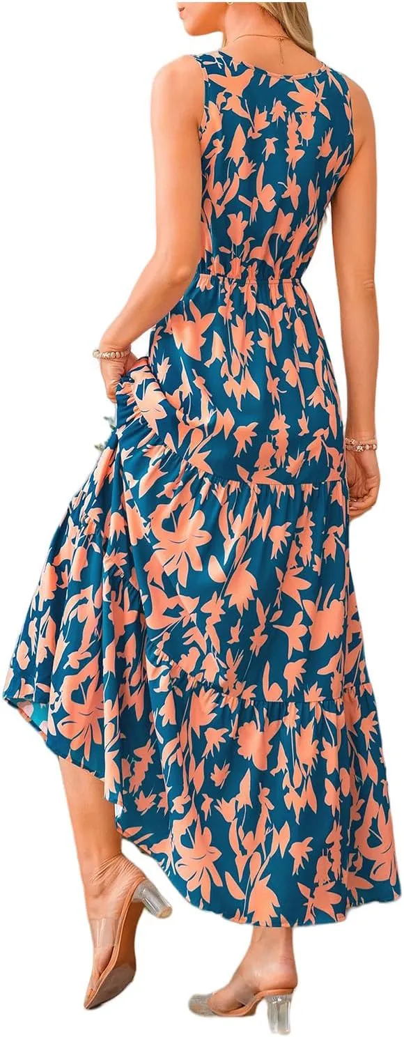 Summer Womens Dresses Sleeveless V Neck Elastic Waist Maxi Dress Floral Ruffle Swing Sundress Wedding Guest Dresses