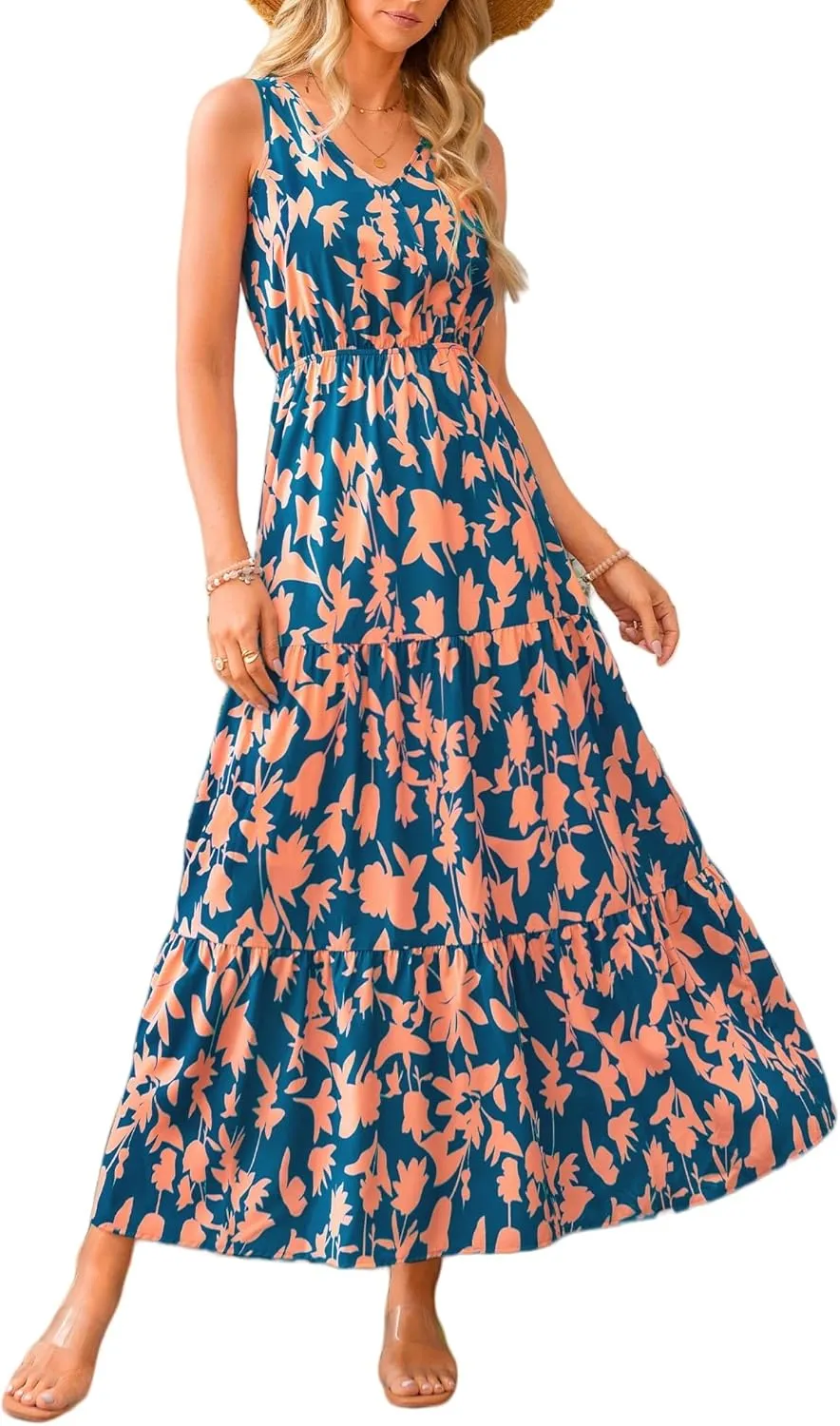 Summer Womens Dresses Sleeveless V Neck Elastic Waist Maxi Dress Floral Ruffle Swing Sundress Wedding Guest Dresses