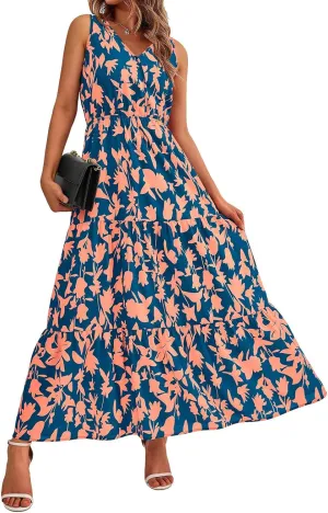 Summer Womens Dresses Sleeveless V Neck Elastic Waist Maxi Dress Floral Ruffle Swing Sundress Wedding Guest Dresses