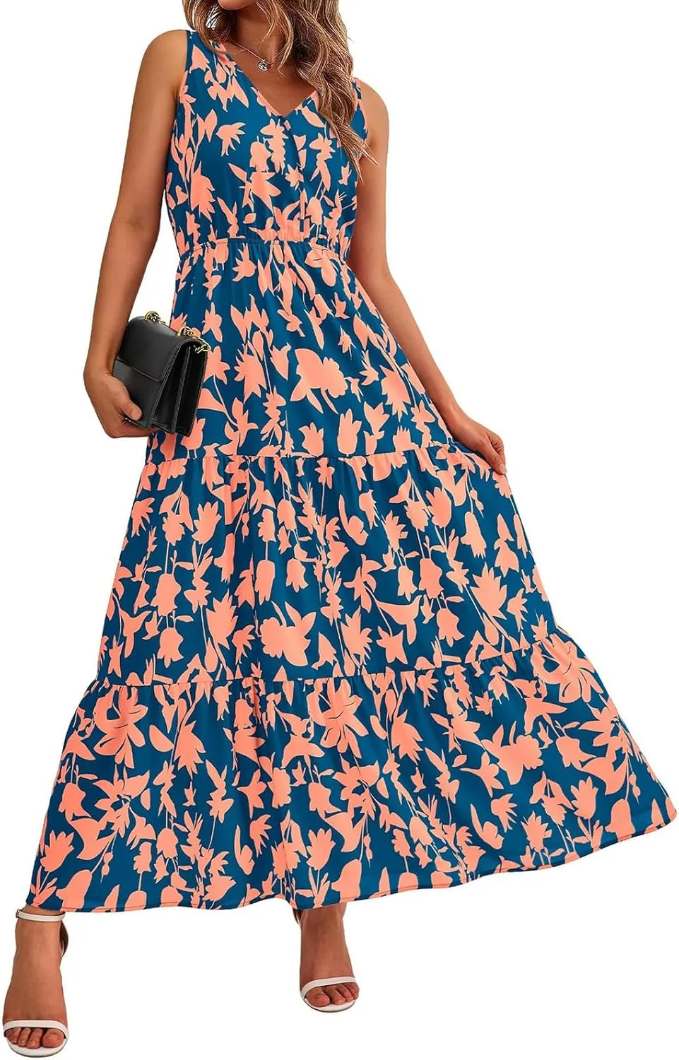 Summer Womens Dresses Sleeveless V Neck Elastic Waist Maxi Dress Floral Ruffle Swing Sundress Wedding Guest Dresses