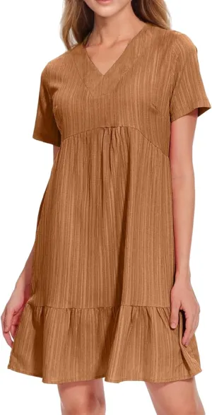 Sundresses for Women Summer Loose Fit V Neck Short Sleeve Mini Dress Ruffle Pleated Waist Layered Dresses 2025