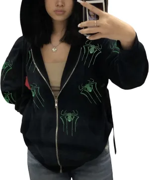 Sunwittafy Women's Oversized Zip Up Hoodie Y2k Aesthetic Graphic Hooded Sweatshirt Long Sleeve E-Girl Harajuku Jackets Coat