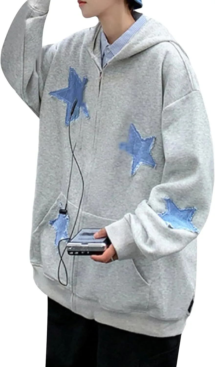 Sunwittafy Women's Oversized Zip Up Hoodie Y2k Aesthetic Graphic Hooded Sweatshirt Long Sleeve E-Girl Harajuku Jackets Coat