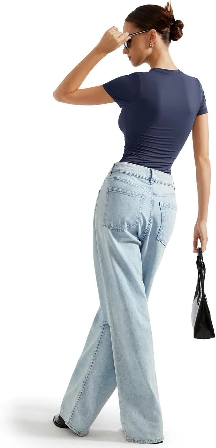 SUUKSESS Women Double Lined Fitted Basic Tee Crew Neck Short Sleeve Y2K Crop Top