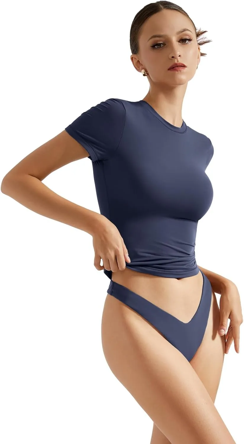 SUUKSESS Women Double Lined Fitted Basic Tee Crew Neck Short Sleeve Y2K Crop Top