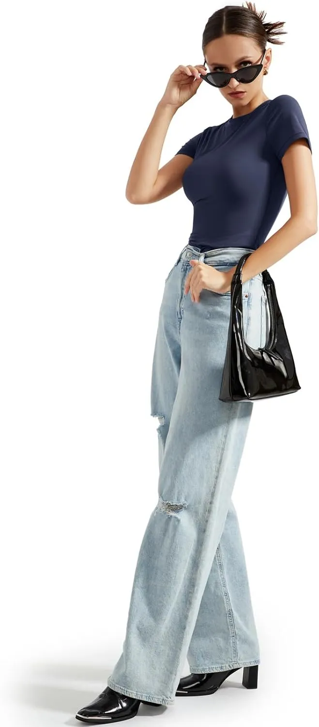 SUUKSESS Women Double Lined Fitted Basic Tee Crew Neck Short Sleeve Y2K Crop Top