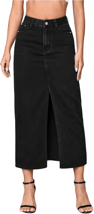 SweatyRocks Women's Casual High Waist Denim Skirt Split Hem Raw Trim Midi Jean Skirts