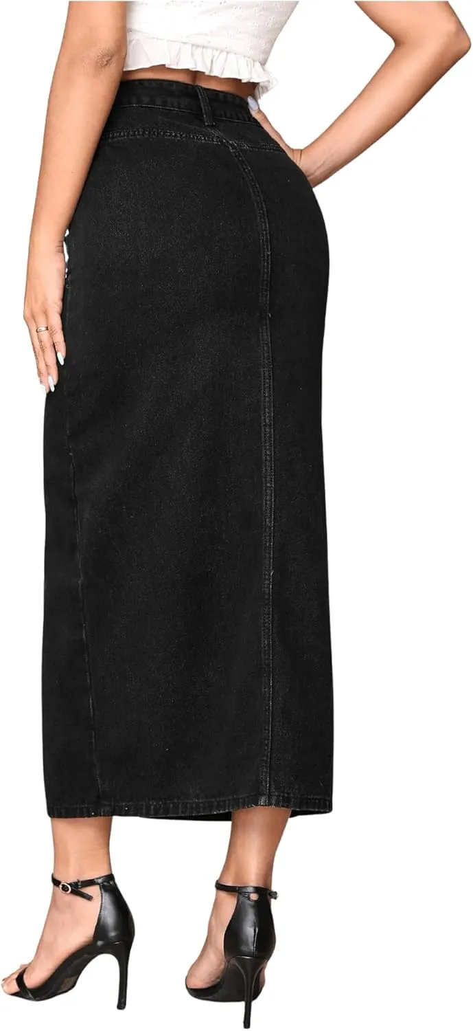 SweatyRocks Women's Casual High Waist Denim Skirt Split Hem Raw Trim Midi Jean Skirts