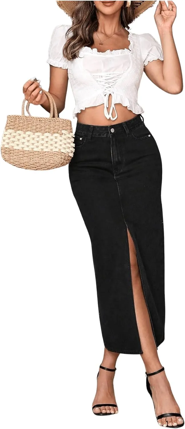 SweatyRocks Women's Casual High Waist Denim Skirt Split Hem Raw Trim Midi Jean Skirts