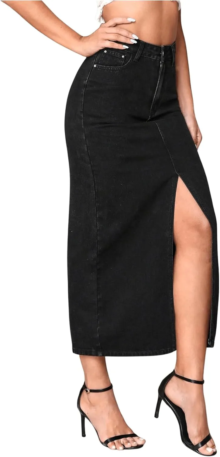 SweatyRocks Women's Casual High Waist Denim Skirt Split Hem Raw Trim Midi Jean Skirts