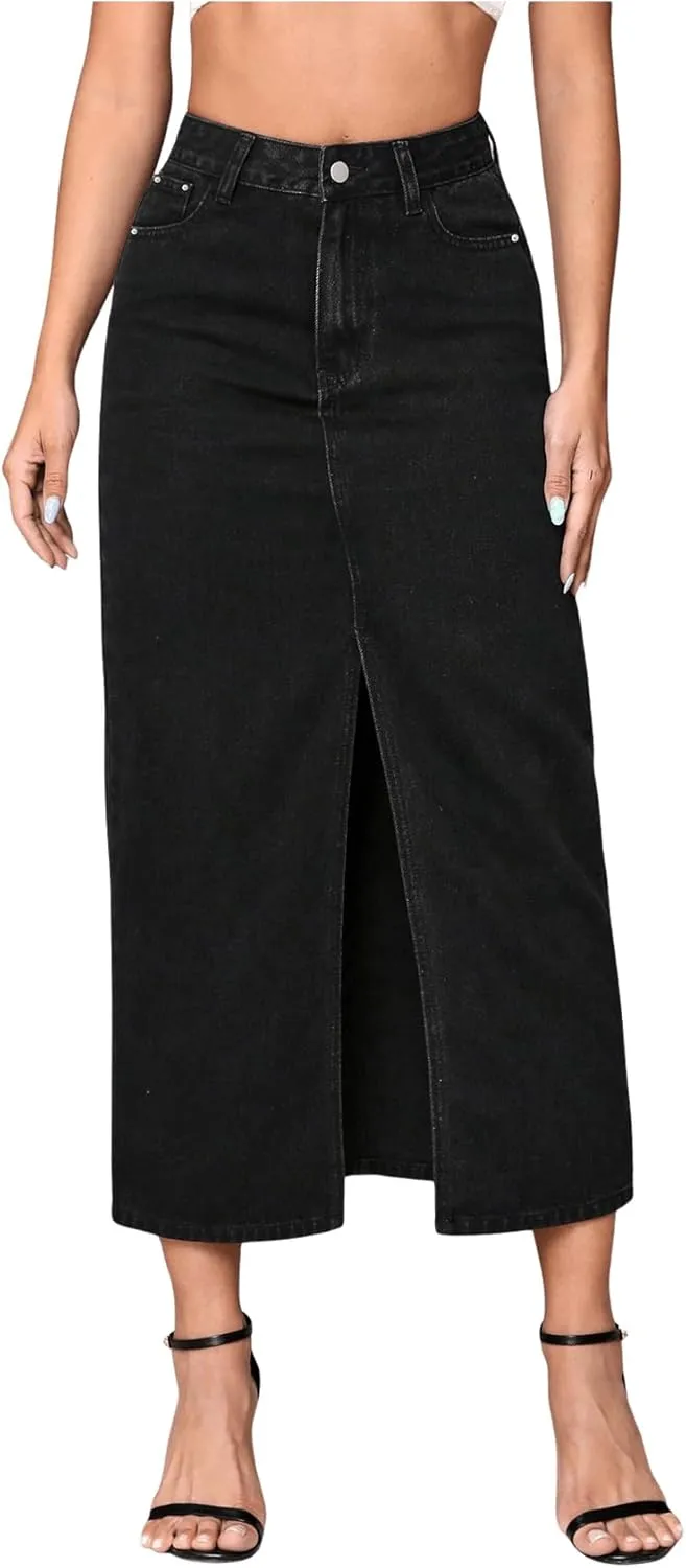SweatyRocks Women's Casual High Waist Denim Skirt Split Hem Raw Trim Midi Jean Skirts