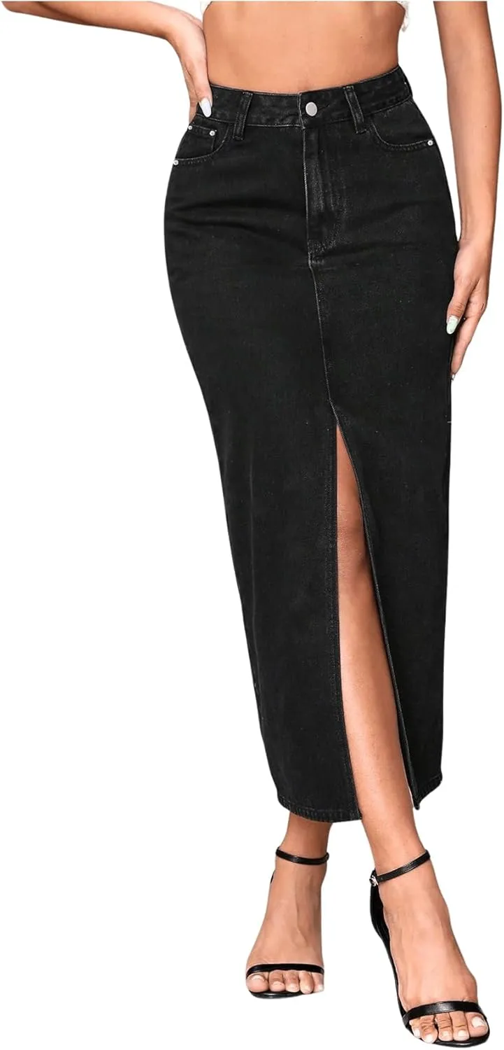 SweatyRocks Women's Casual High Waist Denim Skirt Split Hem Raw Trim Midi Jean Skirts