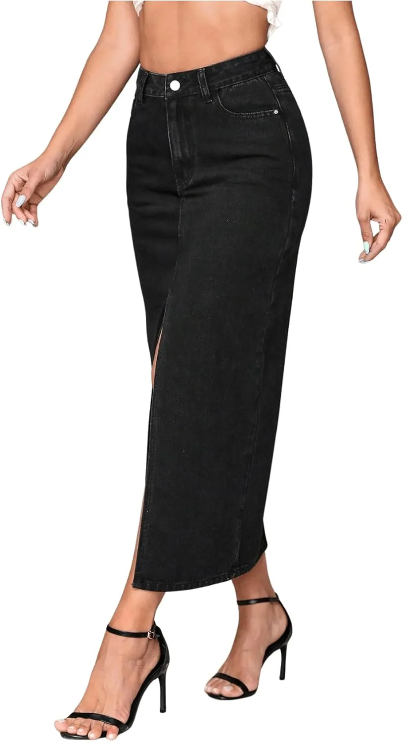 SweatyRocks Women's Casual High Waist Denim Skirt Split Hem Raw Trim Midi Jean Skirts