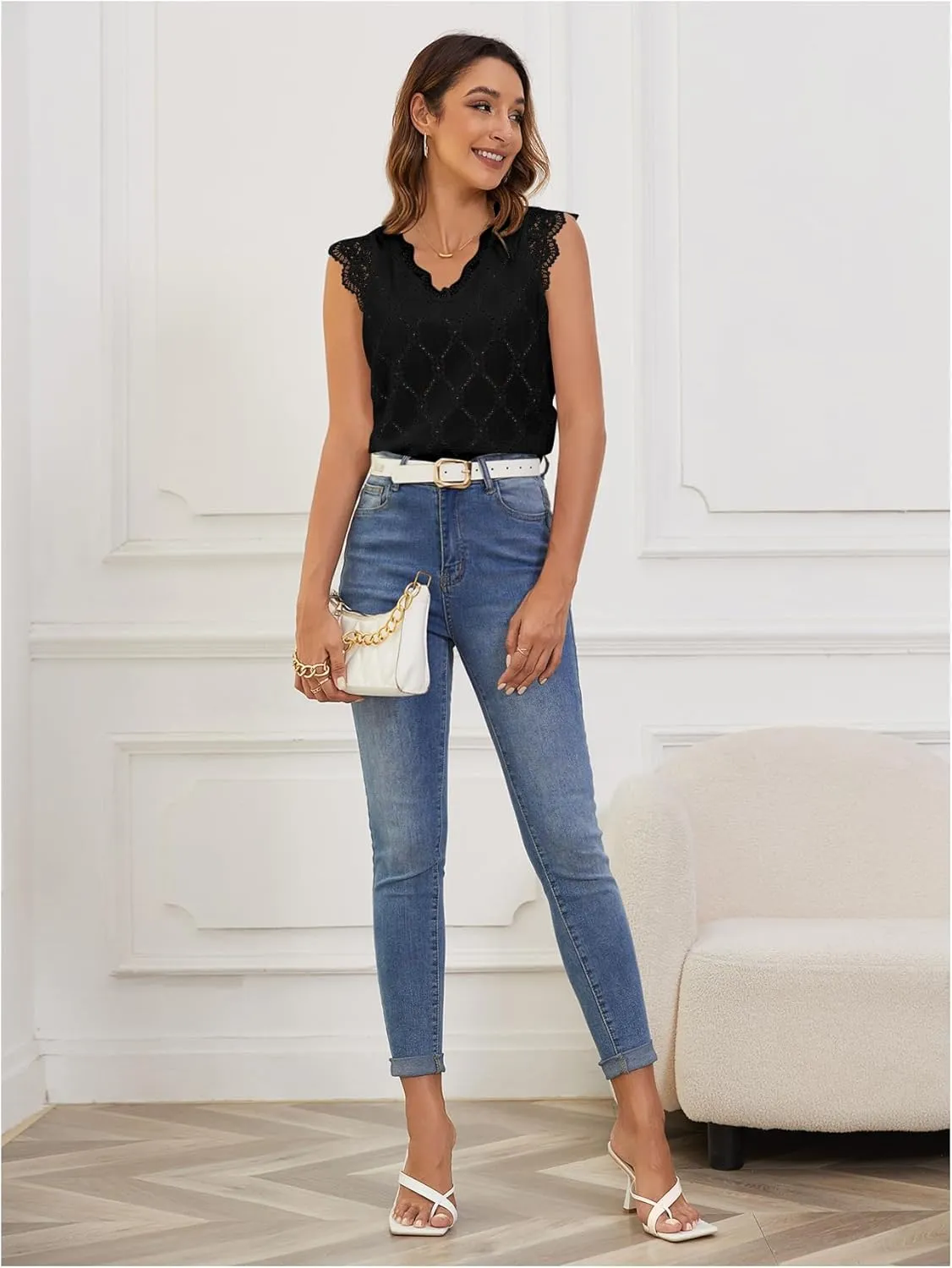 SweatyRocks Women's Floral Lace Scallop Trim Cap Sleeve Eyelet Embroidery V Neck Tee Shirt