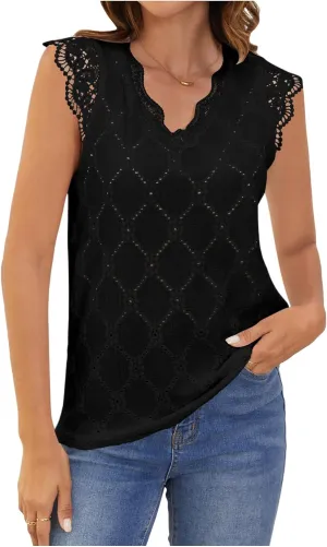 SweatyRocks Women's Floral Lace Scallop Trim Cap Sleeve Eyelet Embroidery V Neck Tee Shirt