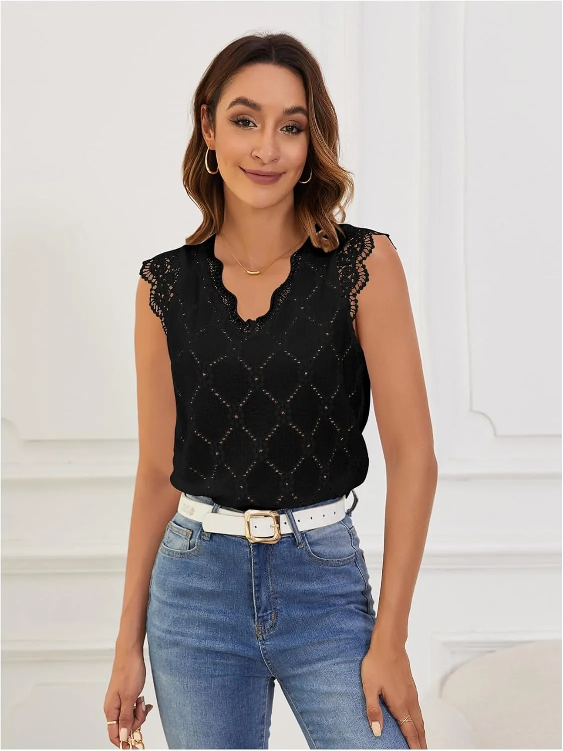 SweatyRocks Women's Floral Lace Scallop Trim Cap Sleeve Eyelet Embroidery V Neck Tee Shirt