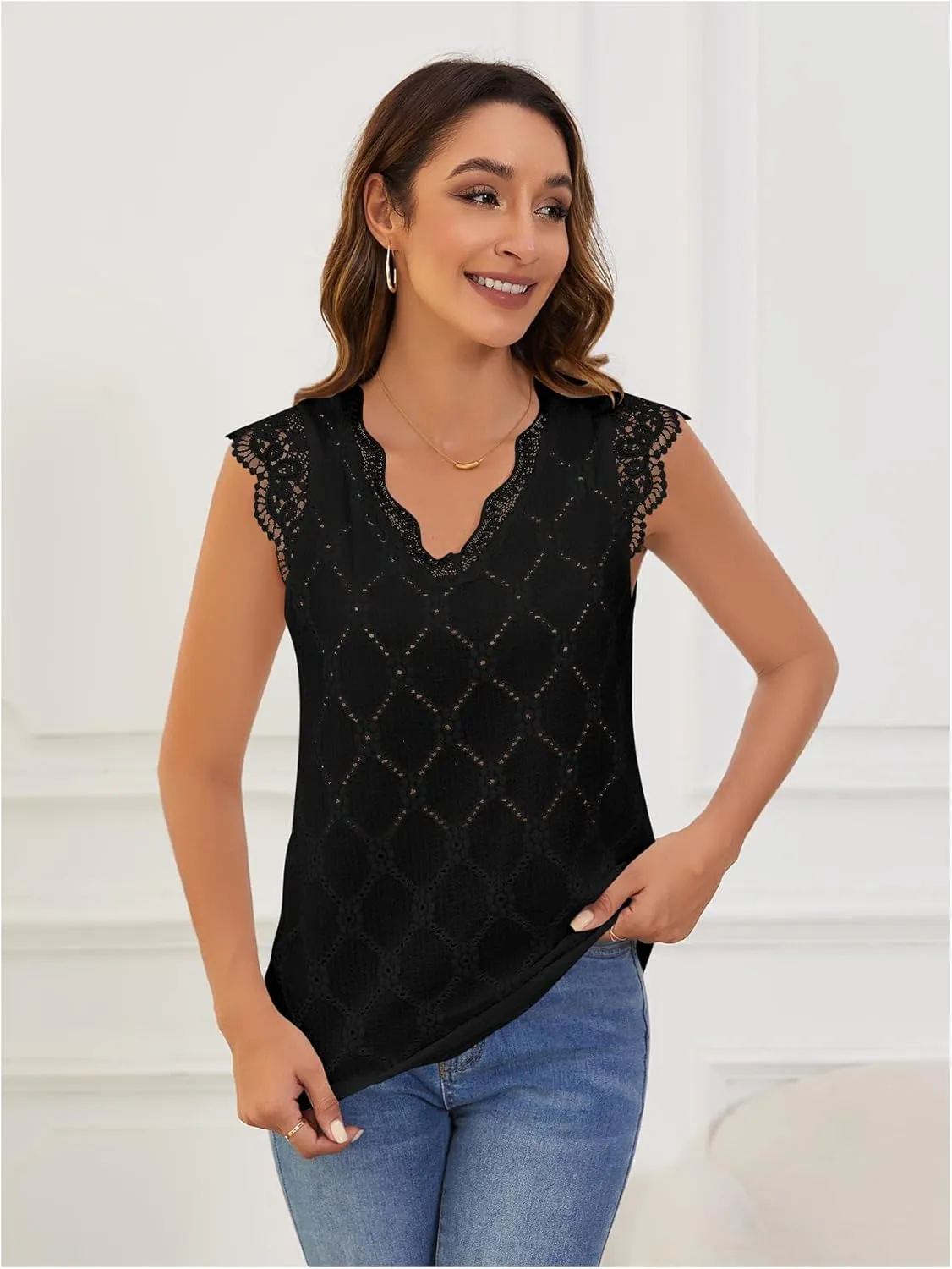 SweatyRocks Women's Floral Lace Scallop Trim Cap Sleeve Eyelet Embroidery V Neck Tee Shirt