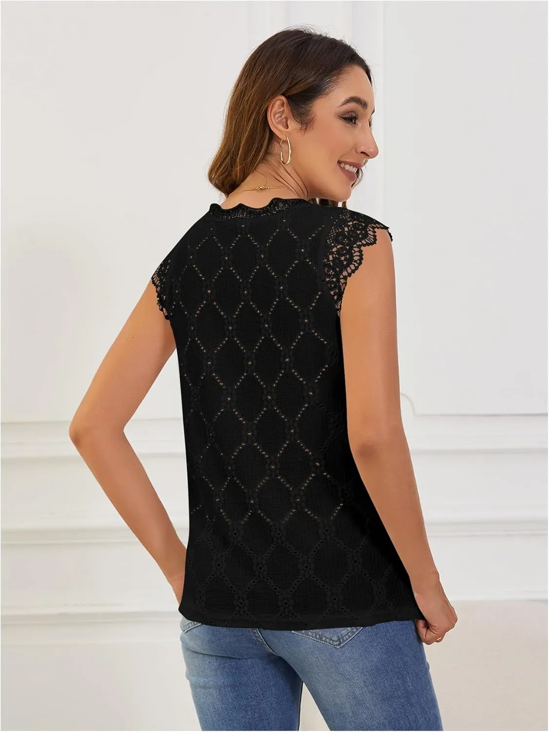 SweatyRocks Women's Floral Lace Scallop Trim Cap Sleeve Eyelet Embroidery V Neck Tee Shirt
