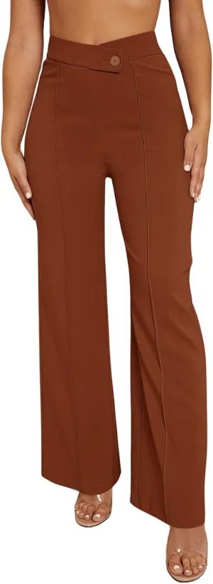 SweatyRocks Women's Overlap Waist Seam Front Palazzo Wide Leg Pants High Waist Long Pant Casual Trousers