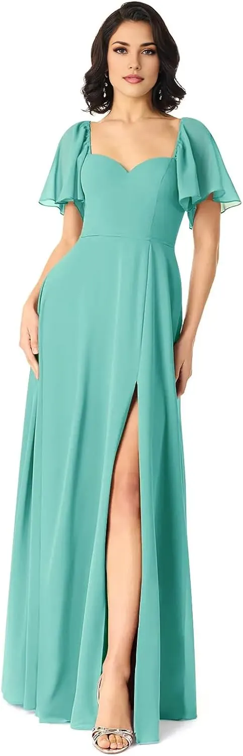 Sweetheart Neckline A-Line Bridesmaid Dresses Ruffle Sleeve V Back Chiffon Prom Formal Dresses with Slit P122