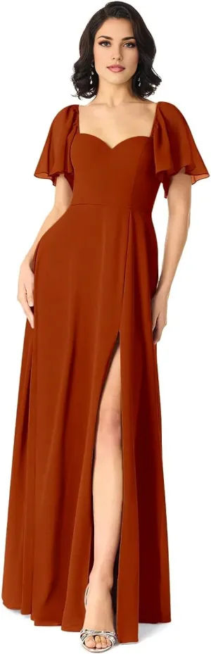 Sweetheart Neckline A-Line Bridesmaid Dresses Ruffle Sleeve V Back Chiffon Prom Formal Dresses with Slit P122
