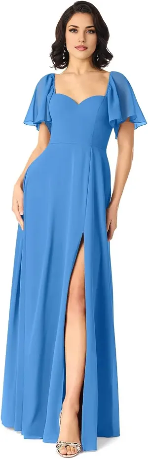 Sweetheart Neckline A-Line Bridesmaid Dresses Ruffle Sleeve V Back Chiffon Prom Formal Dresses with Slit P122