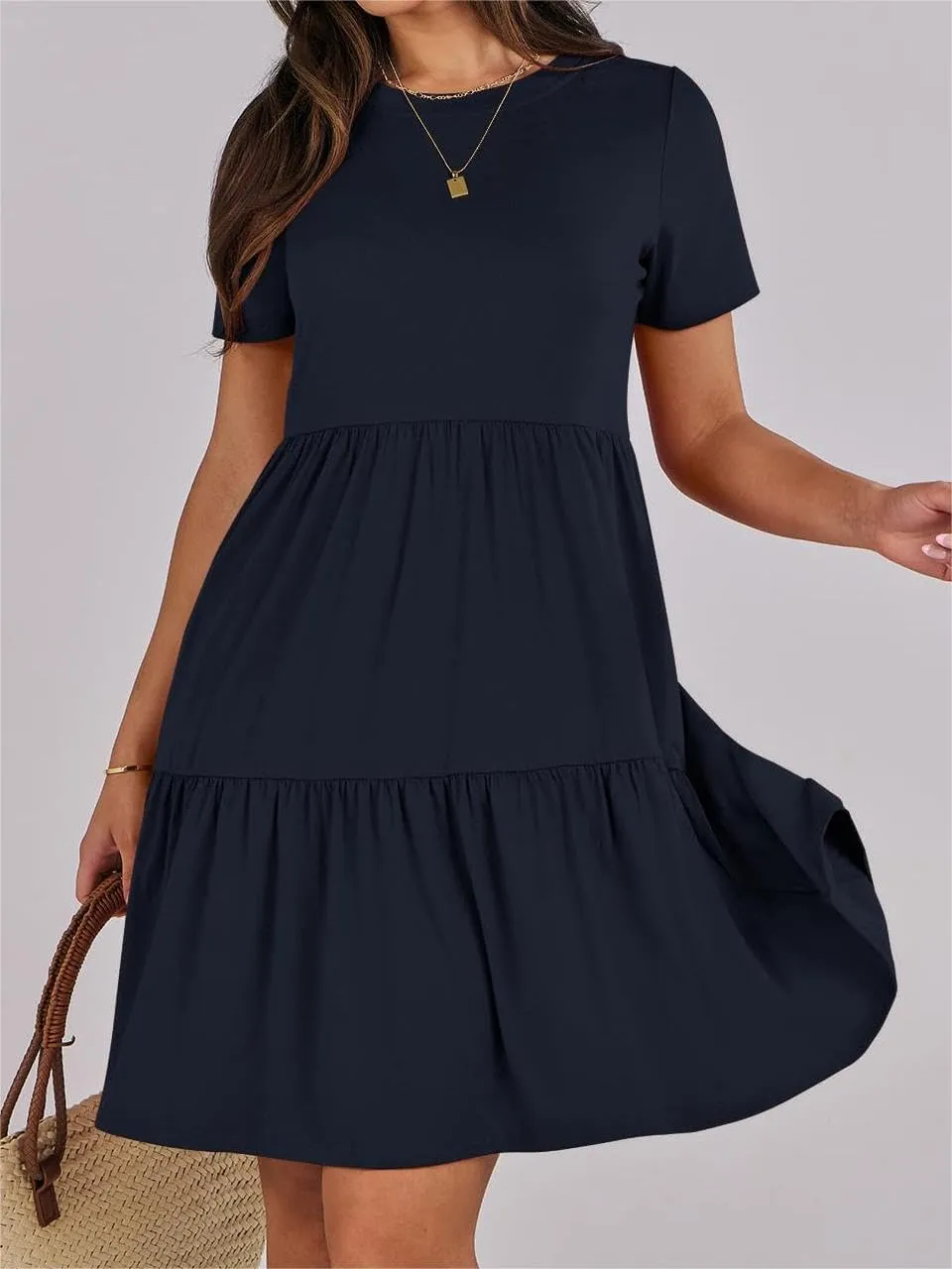 T Shirt Dress Women Summer Casual Short Sleeve Crewneck Mini Tshirt Dresses Loose Flowy Tiered Short Dress with Pockets