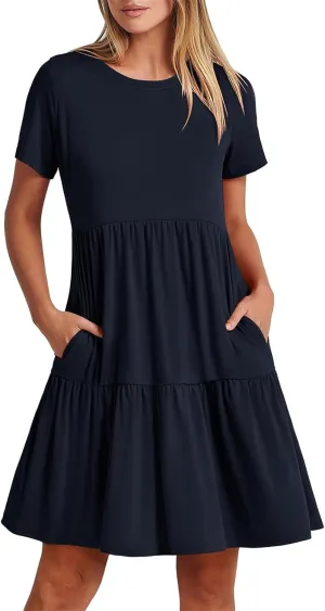 T Shirt Dress Women Summer Casual Short Sleeve Crewneck Mini Tshirt Dresses Loose Flowy Tiered Short Dress with Pockets