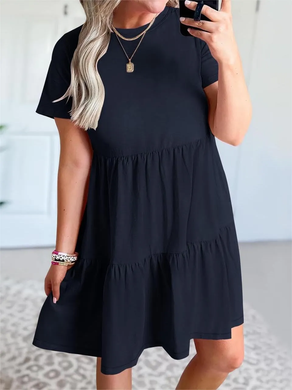 T Shirt Dress Women Summer Casual Short Sleeve Crewneck Mini Tshirt Dresses Loose Flowy Tiered Short Dress with Pockets