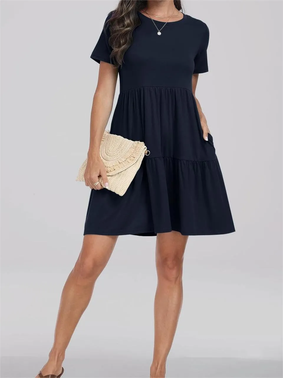 T Shirt Dress Women Summer Casual Short Sleeve Crewneck Mini Tshirt Dresses Loose Flowy Tiered Short Dress with Pockets