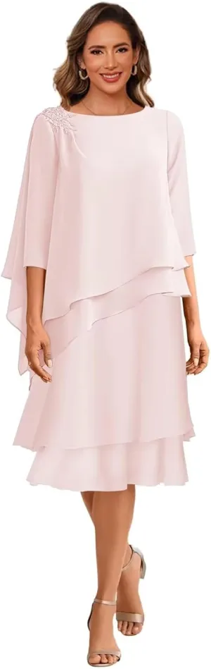 Tea Length Mother of The Bride Dresses for Wedding Scoop Neck 3/4 Sleeves Chiffon Ruffles Formal Evening Dress MDA003