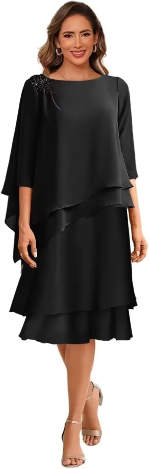 Tea Length Mother of The Bride Dresses for Wedding Scoop Neck 3/4 Sleeves Chiffon Ruffles Formal Evening Dress MDA003