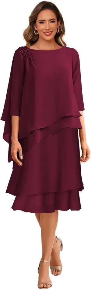 Tea Length Mother of The Bride Dresses for Wedding Scoop Neck 3/4 Sleeves Chiffon Ruffles Formal Evening Dress MDA003