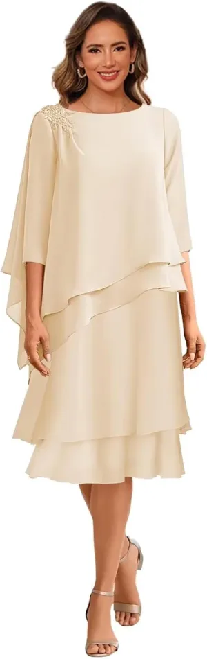 Tea Length Mother of The Bride Dresses for Wedding Scoop Neck 3/4 Sleeves Chiffon Ruffles Formal Evening Dress MDA003