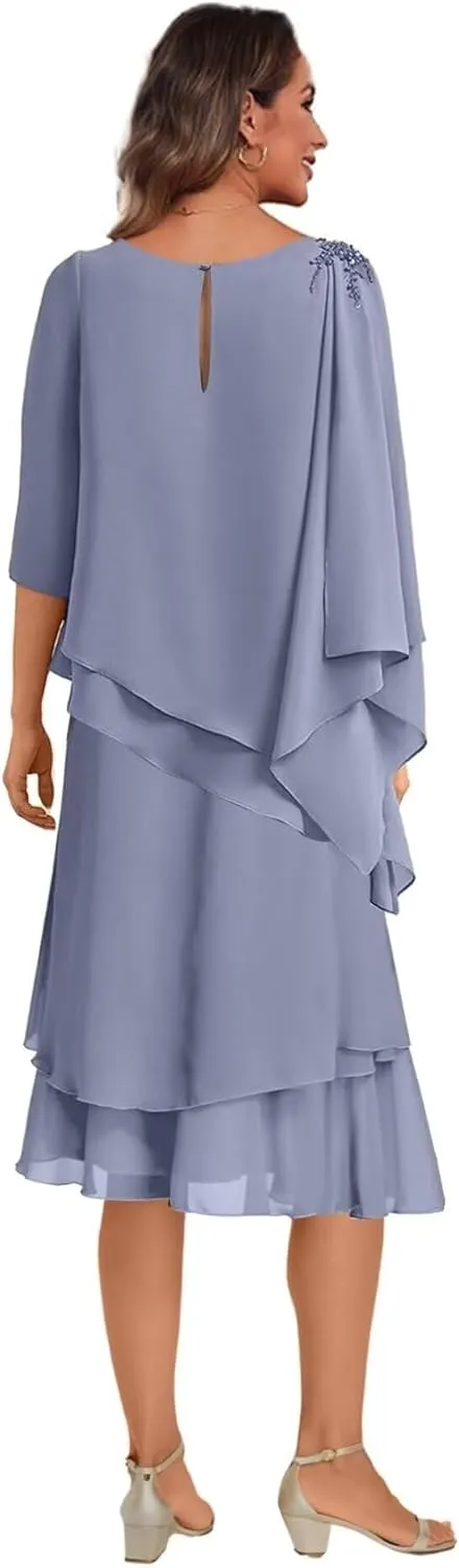 Tea Length Mother of The Bride Dresses for Wedding Scoop Neck 3/4 Sleeves Chiffon Ruffles Formal Evening Dress MDA003