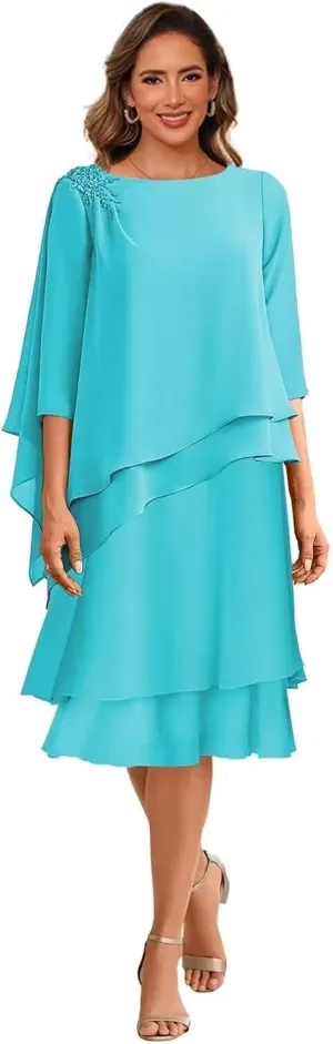 Tea Length Mother of The Bride Dresses for Wedding Scoop Neck 3/4 Sleeves Chiffon Ruffles Formal Evening Dress MDA003