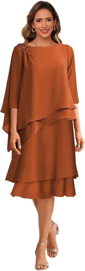 Tea Length Mother of The Bride Dresses for Wedding Scoop Neck 3/4 Sleeves Chiffon Ruffles Formal Evening Dress MDA003