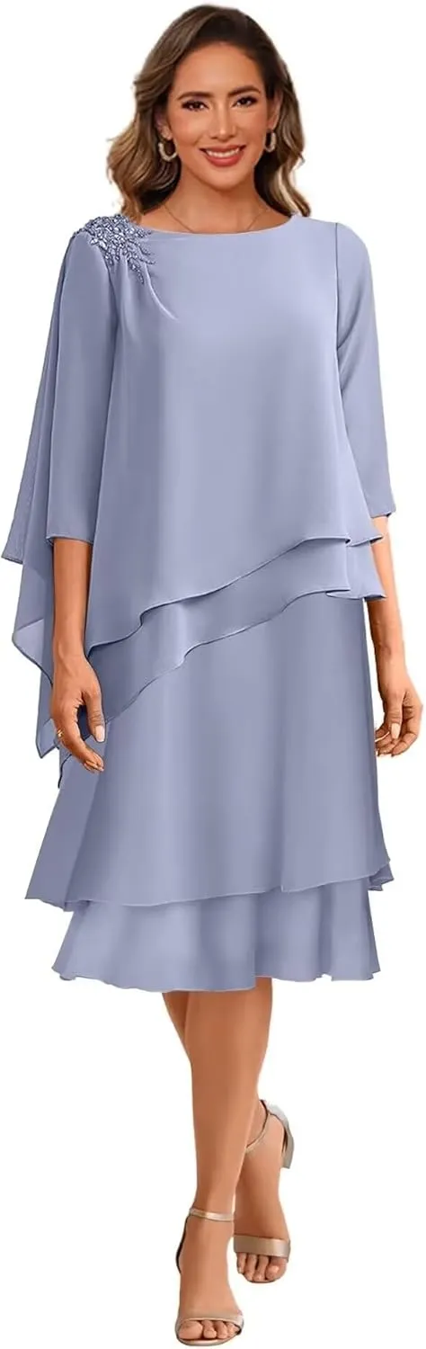 Tea Length Mother of The Bride Dresses for Wedding Scoop Neck 3/4 Sleeves Chiffon Ruffles Formal Evening Dress MDA003