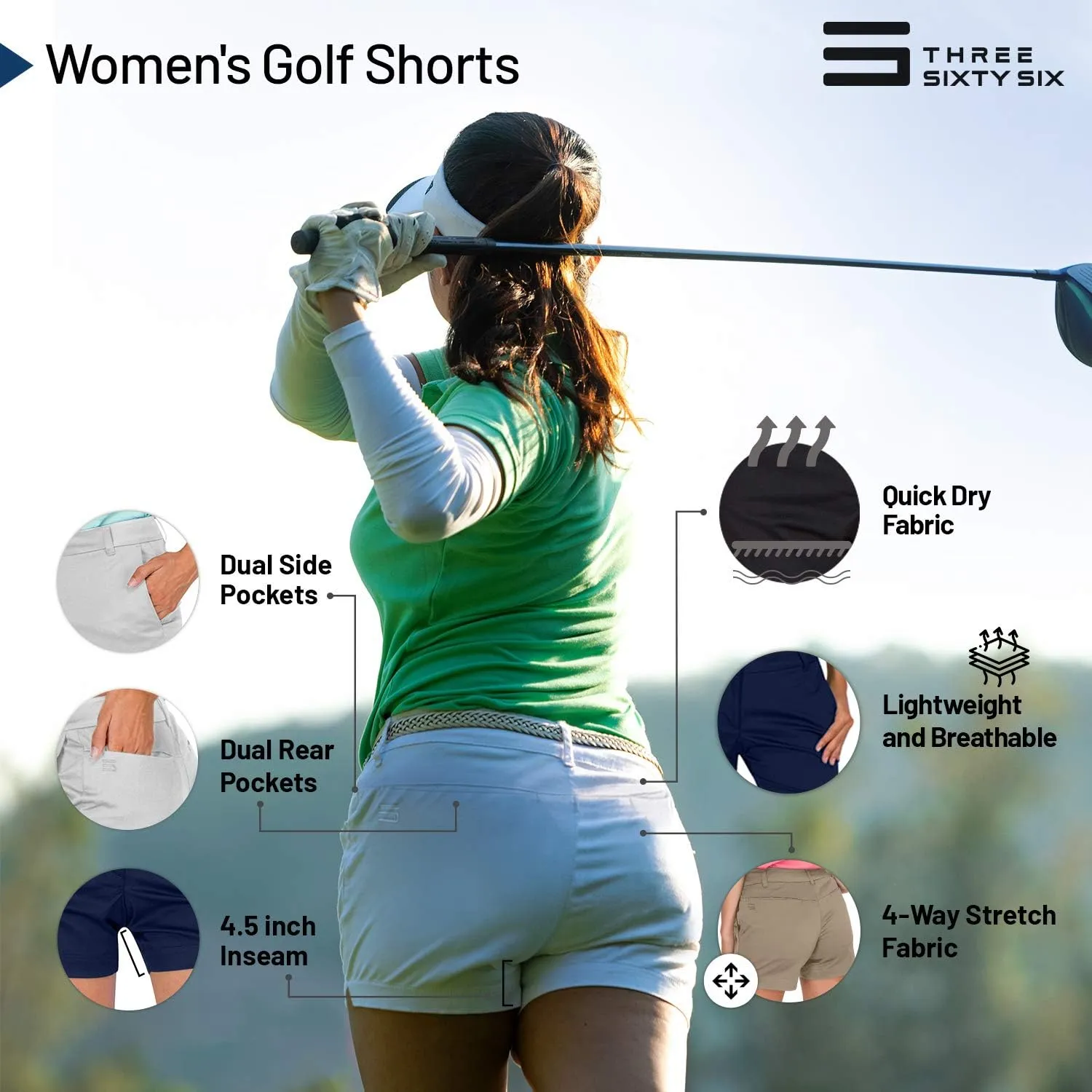 Three Sixty Six Womens Golf Shorts 4  Inch Inseam - Quick Dry Active Shorts with Pockets, Athletic and Breathable
