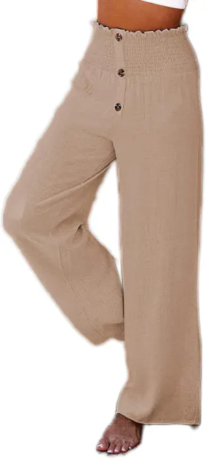 TIAFORD Women Smocked Linen Palazzo Pants Summer Casual Elastic High Waist Button Wide Leg Long Linen Beach Lounge Trousers