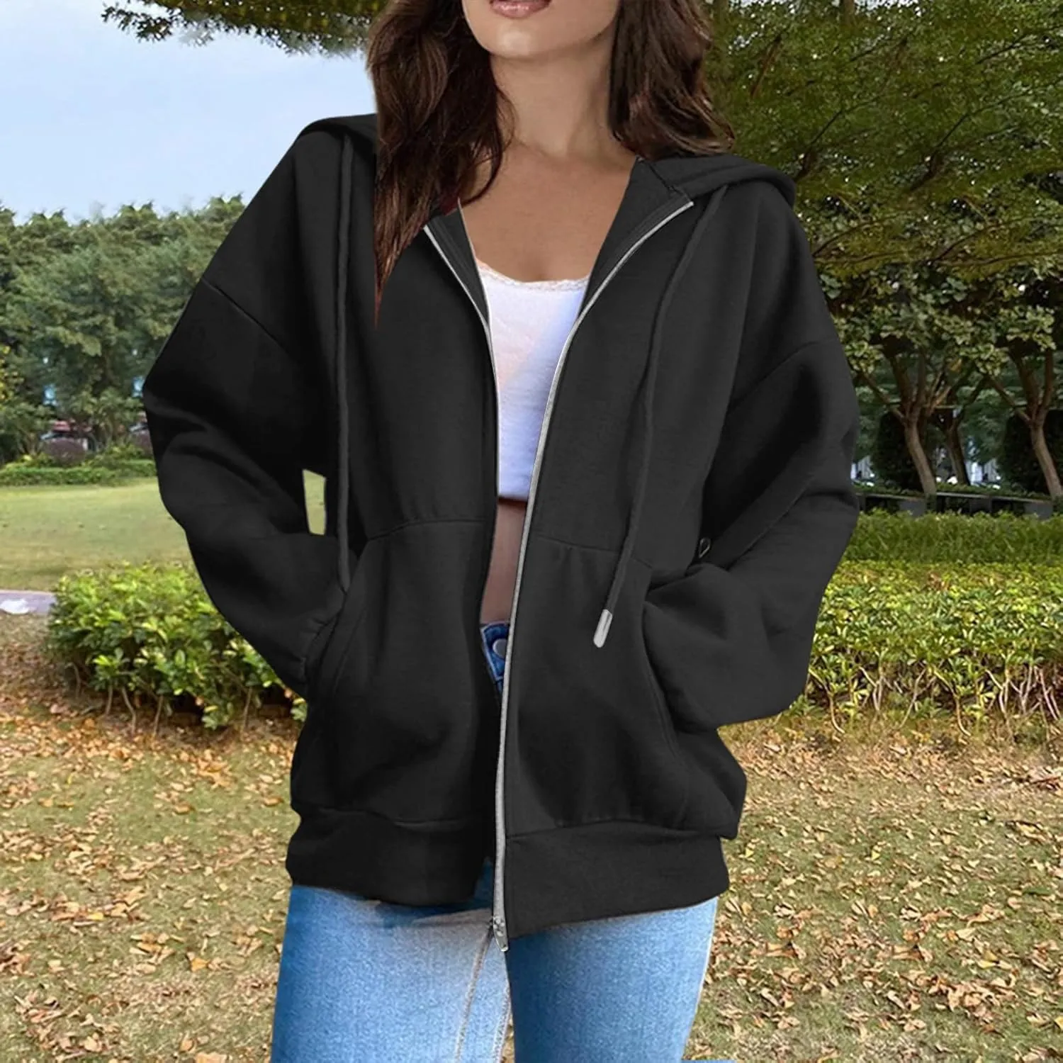 Tops for Women Zip Up Hooded Sweatshirt Ladies Solid Color Long Sleeve Casual Loose Lightweight Jacket with Pockets