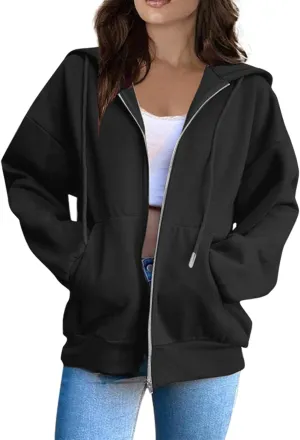 Tops for Women Zip Up Hooded Sweatshirt Ladies Solid Color Long Sleeve Casual Loose Lightweight Jacket with Pockets