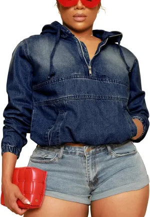TOPSRANI Womens Plus Size Half Zip Up Denim Hoodie Casual Jean Sweatshirt Pullover Long Sleeve Jacket Tops with Pockets
