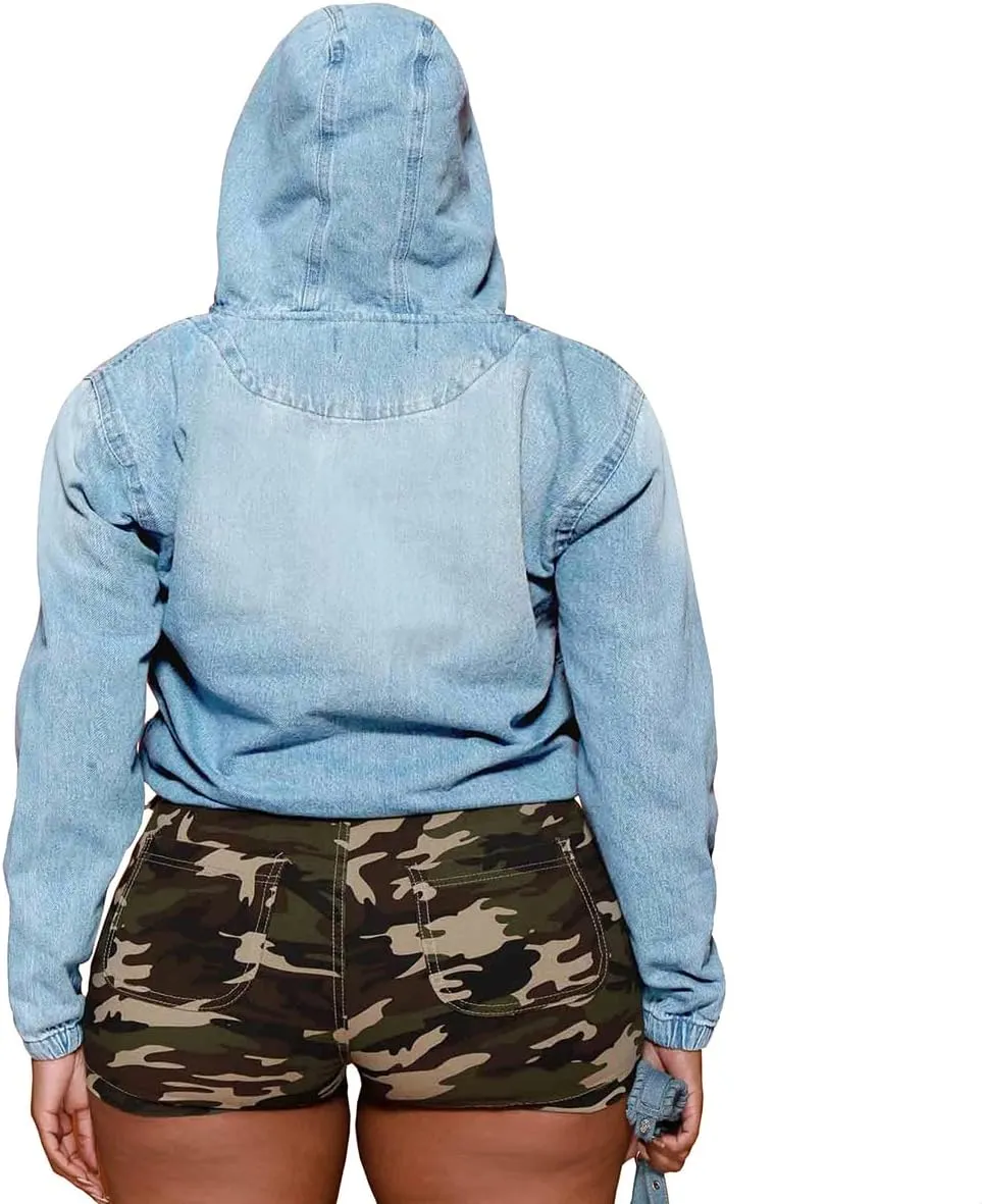 TOPSRANI Womens Plus Size Half Zip Up Denim Hoodie Casual Jean Sweatshirt Pullover Long Sleeve Jacket Tops with Pockets
