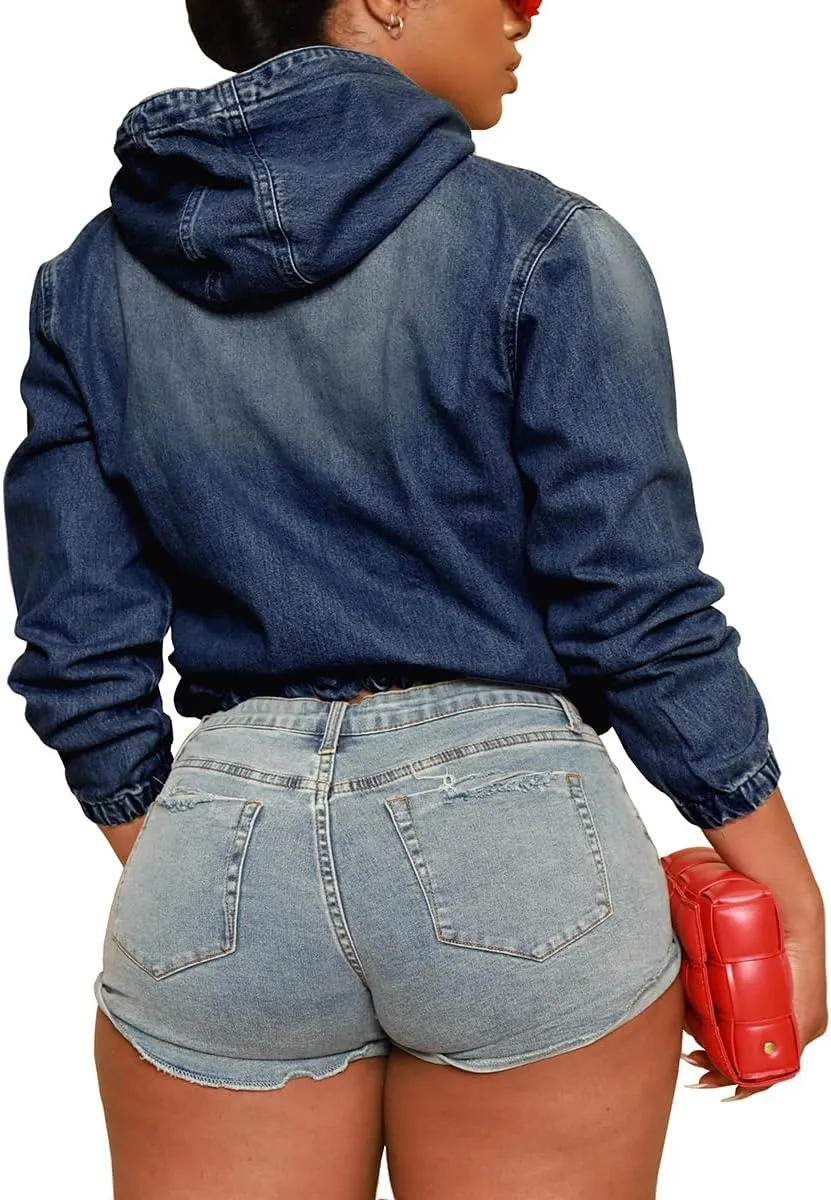 TOPSRANI Womens Plus Size Half Zip Up Denim Hoodie Casual Jean Sweatshirt Pullover Long Sleeve Jacket Tops with Pockets