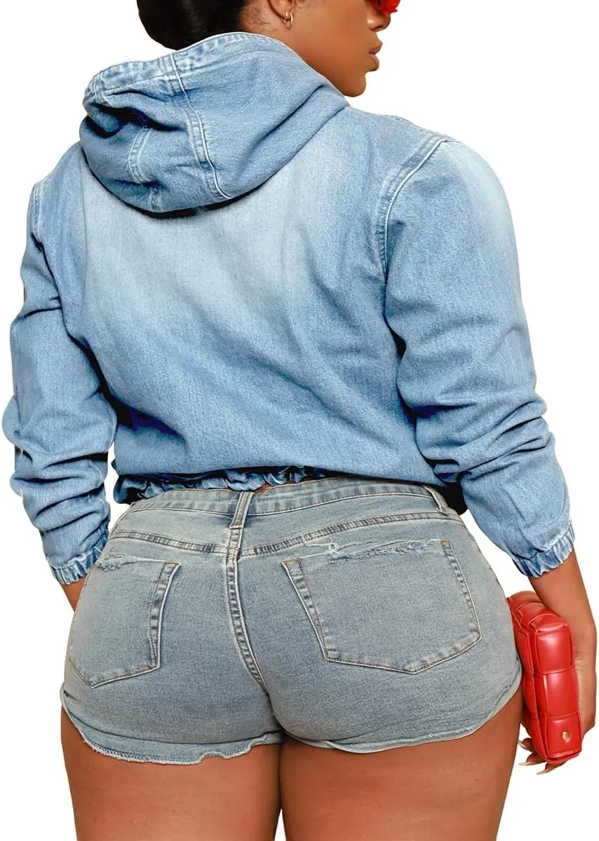 TOPSRANI Womens Plus Size Half Zip Up Denim Hoodie Casual Jean Sweatshirt Pullover Long Sleeve Jacket Tops with Pockets